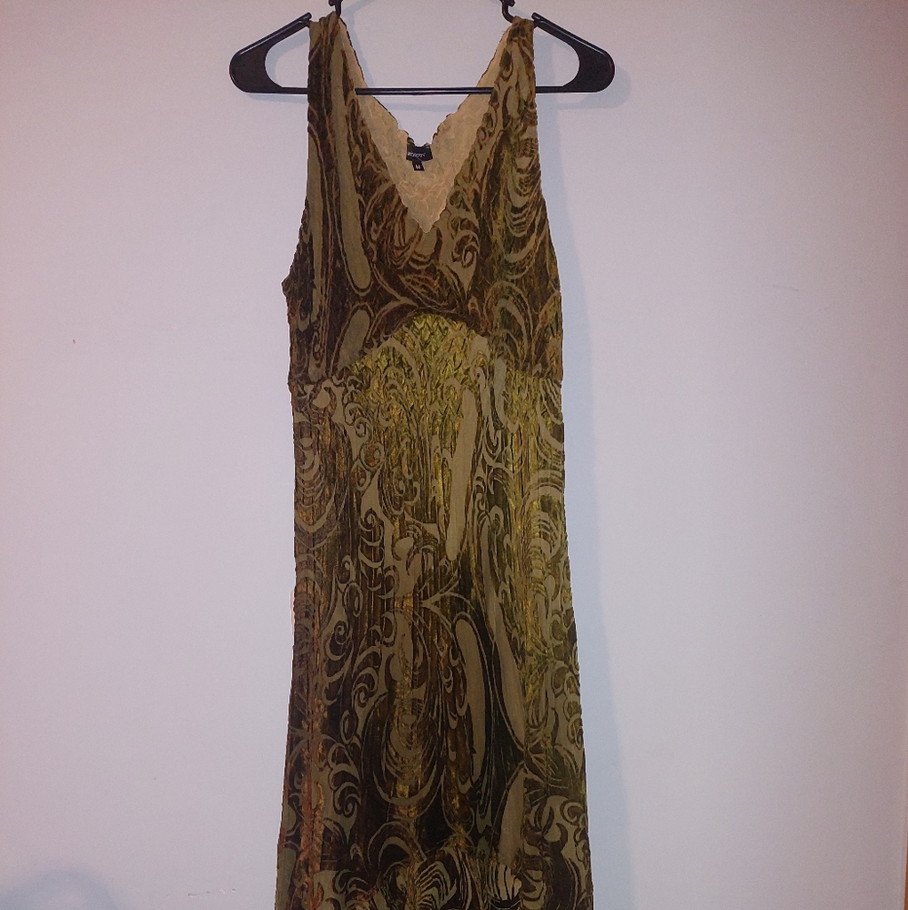 Komarov Olive Green Brown Velvet Burnout Maxi Dress